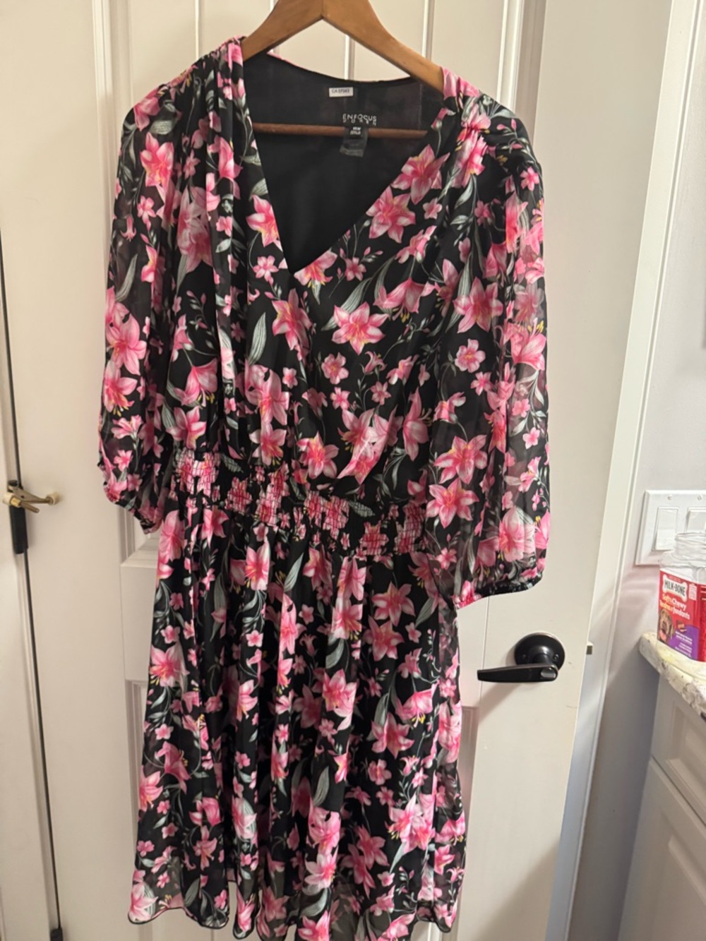 Enfocus Studio Black Midi Dress with Pink Floral Print